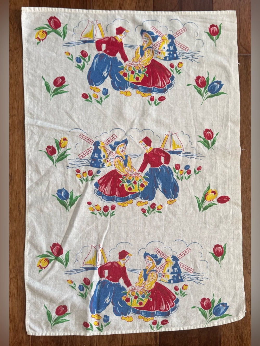Vintage 1950’s Dutch Holland Tea Towel 17X26 Windmill Tulip Boy & Girl MCM